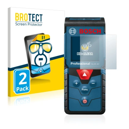 Parte frontal de un envase de producto con el logotipo de la marca BROTECT. Al lado se muestra el dispositivo Bosch GLM 40 Pro