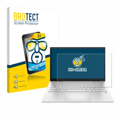 Parte frontal de un envase de producto con el logotipo de la marca BROTECT. Al lado se muestra el dispositivo HP Pavilion x360