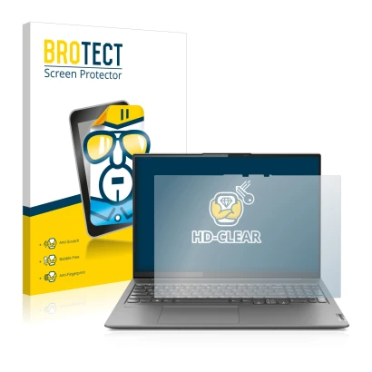 Parte frontal de un envase de producto con el logotipo de la marca BROTECT. Al lado se muestra el dispositivo Lenovo Yoga Slim