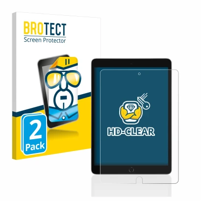 Parte frontal de un envase de producto con el logotipo de la marca BROTECT. Al lado se muestra el dispositivo Apple iPad 10.2