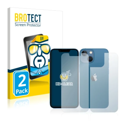 Parte frontal de un envase de producto con el logotipo de la marca BROTECT. Al lado se muestra el dispositivo Apple iPhone 13