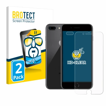 Parte frontal de un envase de producto con el logotipo de la marca BROTECT. Al lado se muestra el dispositivo Apple iPhone 8 P