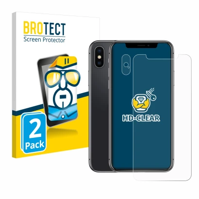 Parte frontal de un envase de producto con el logotipo de la marca BROTECT. Al lado se muestra el dispositivo Apple iPhone X (