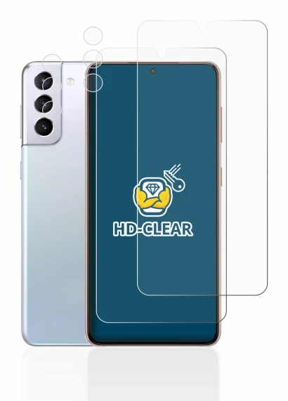 Imagen del dispositivo Samsung Galaxy S21 5G (Frontal+Cámara) con una amplia variedad de protectores de pantalla.