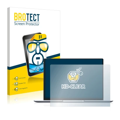 Parte frontal de un envase de producto con el logotipo de la marca BROTECT. Al lado se muestra el dispositivo Huawei MateBook 