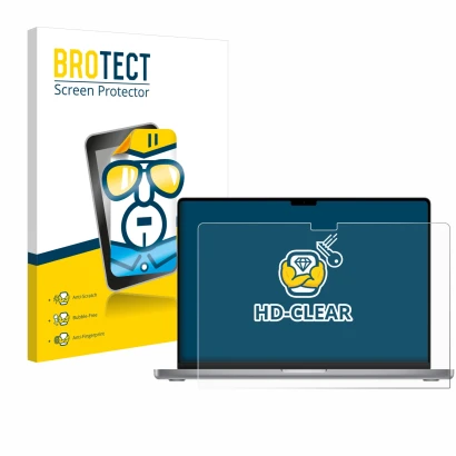 Parte frontal de un envase de producto con el logotipo de la marca BROTECT. Al lado se muestra el dispositivo Apple MacBook Pr