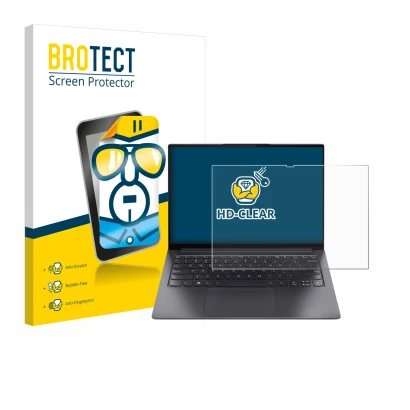 Parte frontal de un envase de producto con el logotipo de la marca BROTECT. Al lado se muestra el dispositivo Lenovo Yoga Slim