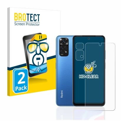 Parte frontal de un envase de producto con el logotipo de la marca BROTECT. Al lado se muestra el dispositivo Xiaomi Redmi Not