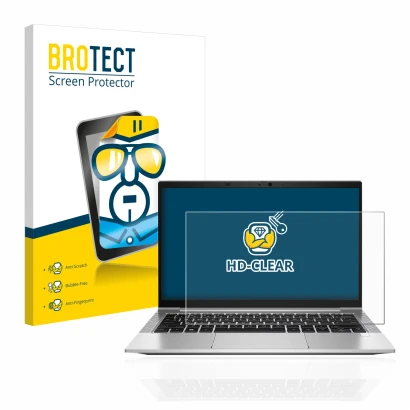 Parte frontal de un envase de producto con el logotipo de la marca BROTECT. Al lado se muestra el dispositivo HP EliteBook 830