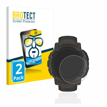 Parte frontal de un envase de producto con el logotipo de la marca BROTECT. Al lado se muestra el dispositivo Garmin Instinct