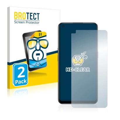 Parte frontal de un envase de producto con el logotipo de la marca BROTECT. Al lado se muestra el dispositivo realme 9 Pro Plu