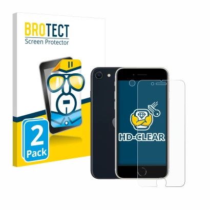 Parte frontal de un envase de producto con el logotipo de la marca BROTECT. Al lado se muestra el dispositivo Apple iPhone SE 