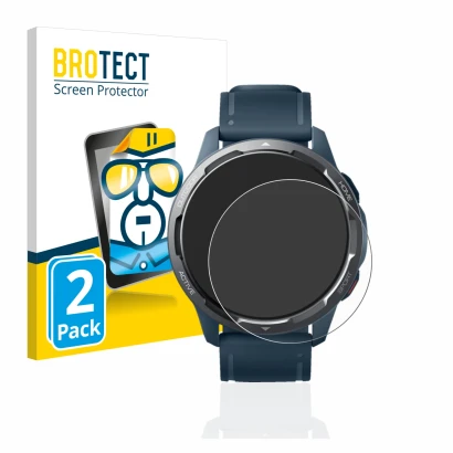 Parte frontal de un envase de producto con el logotipo de la marca BROTECT. Al lado se muestra el dispositivo Xiaomi Watch S1