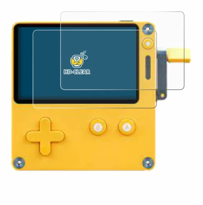 Imagen del dispositivo Panic Playdate con una amplia variedad de protectores de pantalla.