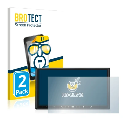 Parte frontal de un envase de producto con el logotipo de la marca BROTECT. Al lado se muestra el dispositivo Alpine iLX-W690D