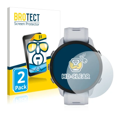 Parte frontal de un envase de producto con el logotipo de la marca BROTECT. Al lado se muestra el dispositivo Garmin Forerunne