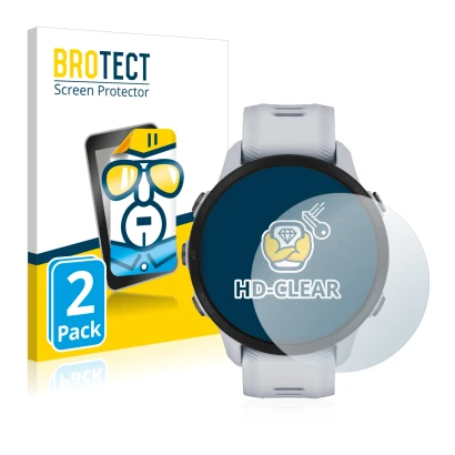 Parte frontal de un envase de producto con el logotipo de la marca BROTECT. Al lado se muestra el dispositivo Garmin Forerunne