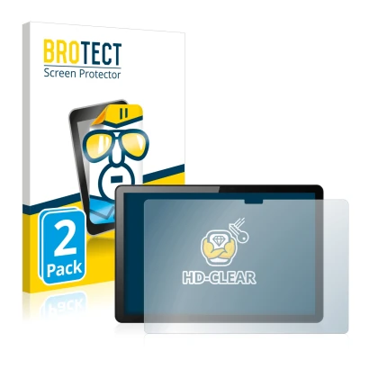 Parte frontal de un envase de producto con el logotipo de la marca BROTECT. Al lado se muestra el dispositivo Lenovo Tab M10 (