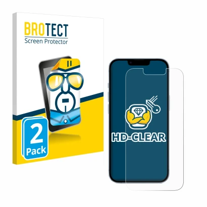 Parte frontal de un envase de producto con el logotipo de la marca BROTECT. Al lado se muestra el dispositivo Apple iPhone 14 