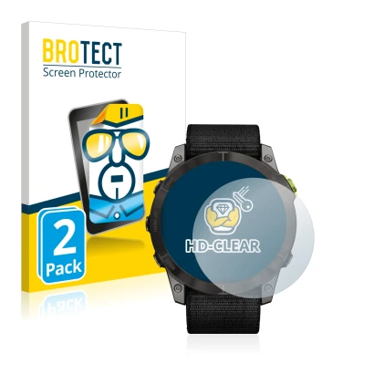 Parte frontal de un envase de producto con el logotipo de la marca BROTECT. Al lado se muestra el dispositivo Garmin Enduro 2