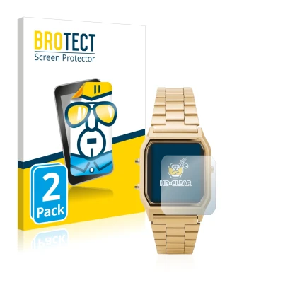 Parte frontal de un envase de producto con el logotipo de la marca BROTECT. Al lado se muestra el dispositivo Casio AQ-230GA c