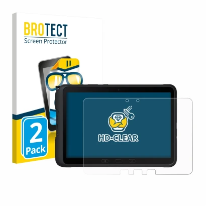 Parte frontal de un envase de producto con el logotipo de la marca BROTECT. Al lado se muestra el dispositivo Samsung Galaxy T