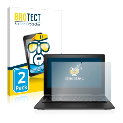 Parte frontal de un envase de producto con el logotipo de la marca BROTECT. Al lado se muestra el dispositivo HP Chromebook x3