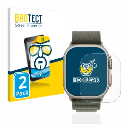 Parte frontal de un envase de producto con el logotipo de la marca BROTECT. Al lado se muestra el dispositivo Apple Watch Ultr