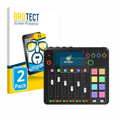 Parte frontal de un envase de producto con el logotipo de la marca BROTECT. Al lado se muestra el dispositivo Rode Rodecaster