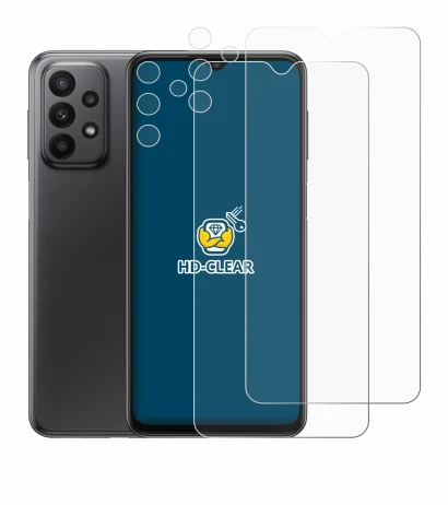 Imagen del dispositivo Samsung Galaxy A23 5G (Frontal+Cámara) con una amplia variedad de protectores de pantalla.