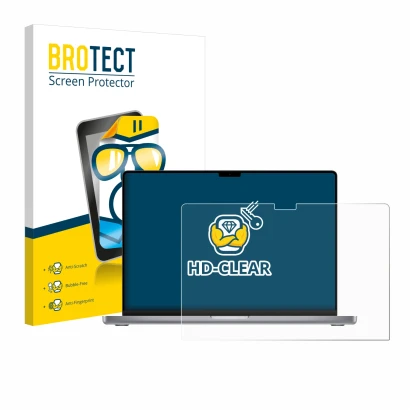 Parte frontal de un envase de producto con el logotipo de la marca BROTECT. Al lado se muestra el dispositivo Apple MacBook Pr