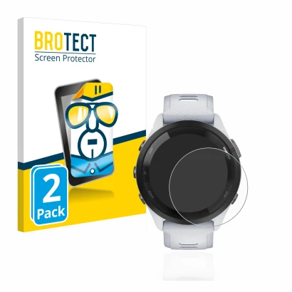 Parte frontal de un envase de producto con el logotipo de la marca BROTECT. Al lado se muestra el dispositivo Garmin Forerunne