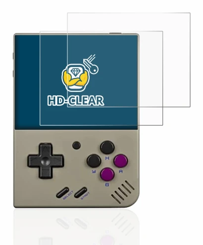 Imagen del dispositivo Miyoo Mini Plus con una amplia variedad de protectores de pantalla.