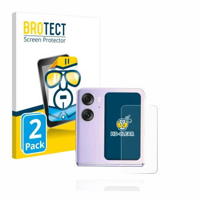 Parte frontal de un envase de producto con el logotipo de la marca BROTECT. Al lado se muestra el dispositivo Oppo Find N2 Fli