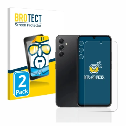Parte frontal de un envase de producto con el logotipo de la marca BROTECT. Al lado se muestra el dispositivo Samsung Galaxy A