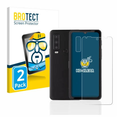 Parte frontal de un envase de producto con el logotipo de la marca BROTECT. Al lado se muestra el dispositivo Caterpillar Cat