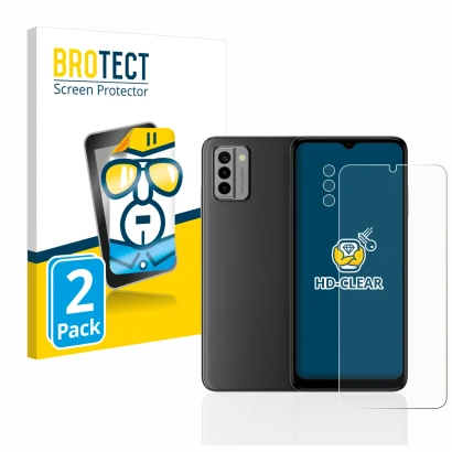 Parte frontal de un envase de producto con el logotipo de la marca BROTECT. Al lado se muestra el dispositivo Nokia G22 (Front