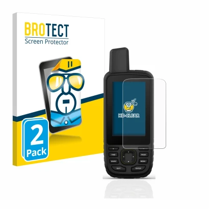 Parte frontal de un envase de producto con el logotipo de la marca BROTECT. Al lado se muestra el dispositivo Garmin GPSMAP 67