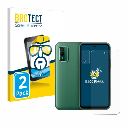 Parte frontal de un envase de producto con el logotipo de la marca BROTECT. Al lado se muestra el dispositivo Nokia XR21 (Fron
