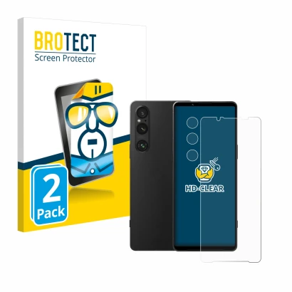 Parte frontal de un envase de producto con el logotipo de la marca BROTECT. Al lado se muestra el dispositivo Sony Xperia 1 V