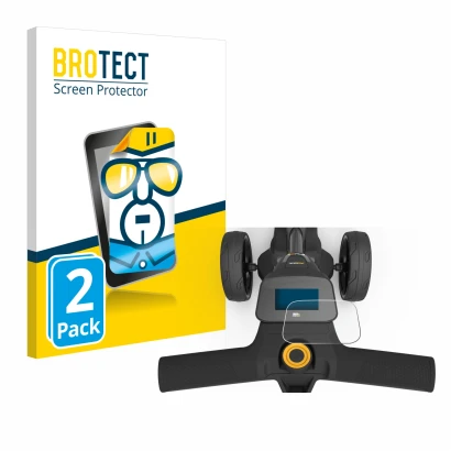 Parte frontal de un envase de producto con el logotipo de la marca BROTECT. Al lado se muestra el dispositivo PowaKaddy FX3 co