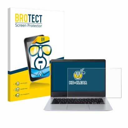 Parte frontal de un envase de producto con el logotipo de la marca BROTECT. Al lado se muestra el dispositivo Acer Chromebook