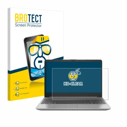 Parte frontal de un envase de producto con el logotipo de la marca BROTECT. Al lado se muestra el dispositivo HP 250 G9 con su