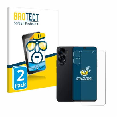 Parte frontal de un envase de producto con el logotipo de la marca BROTECT. Al lado se muestra el dispositivo Honor 90 Lite (F