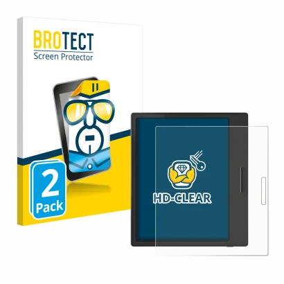 Parte frontal de un envase de producto con el logotipo de la marca BROTECT. Al lado se muestra el dispositivo Boox Page con su