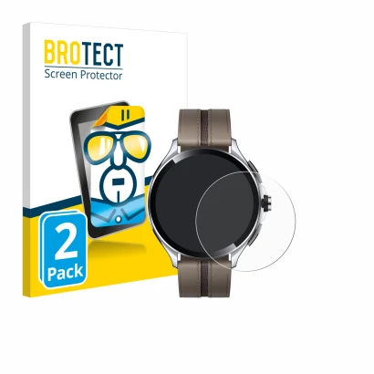 Parte frontal de un envase de producto con el logotipo de la marca BROTECT. Al lado se muestra el dispositivo Xiaomi Watch 2 P