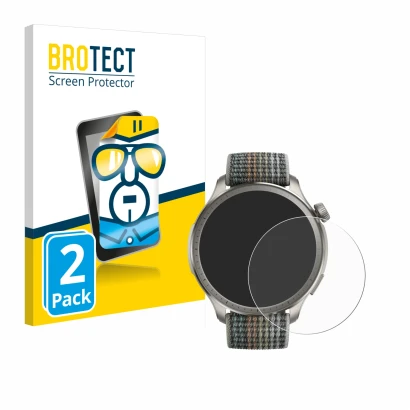 Parte frontal de un envase de producto con el logotipo de la marca BROTECT. Al lado se muestra el dispositivo Huami Amazfit Ba