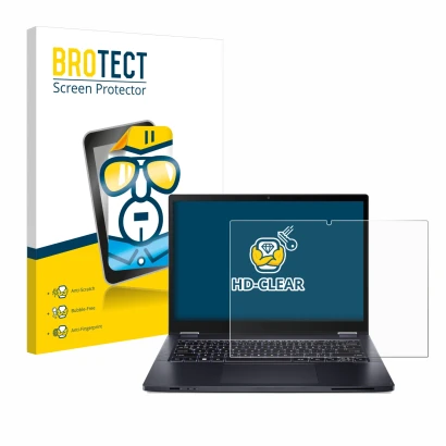 Parte frontal de un envase de producto con el logotipo de la marca BROTECT. Al lado se muestra el dispositivo Acer TravelMate 