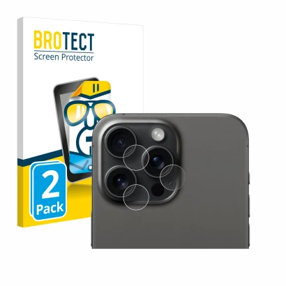 Parte frontal de un envase de producto con el logotipo de la marca BROTECT. Al lado se muestra el dispositivo Apple iPhone 15 