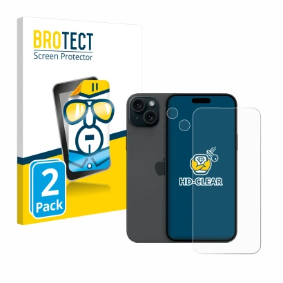 Parte frontal de un envase de producto con el logotipo de la marca BROTECT. Al lado se muestra el dispositivo Apple iPhone 15
